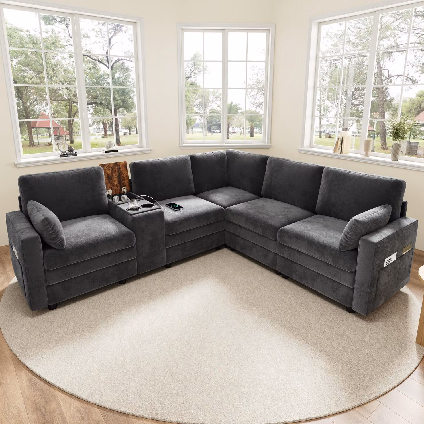 Divano angolare Merax a 5 posti, grande divano Cloud a forma di L, con console centrale, porte USB e portabicchieri, console reversibile con spazio di stivaggio, divano letto, grigio