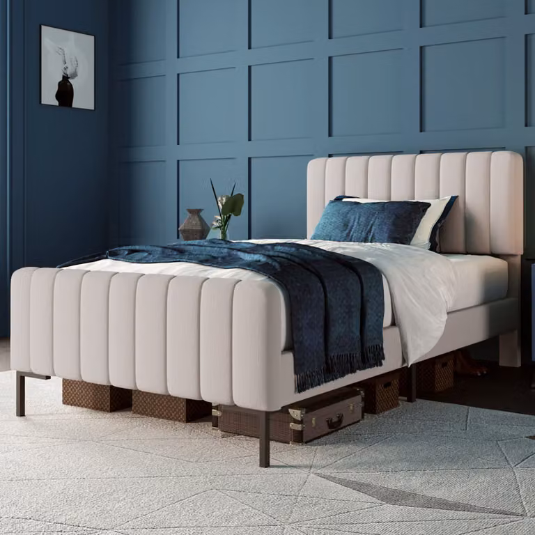 Letto imbottito MODFU, 90x200 cm, letto singolo con rete a doghe, letto per giovani in legno massello con testiera regolabile, biancheria per ospiti, color grigio-beige (con materasso)