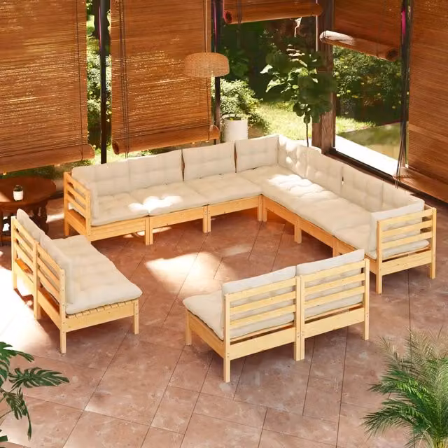 Set di divani da giardino vidaXL in legno massello di pino con cuscini beige, composizione a forma di U da 11 pezzi