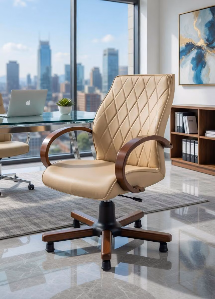 Sedia da ufficio beige con braccioli in legno ed ergonomica