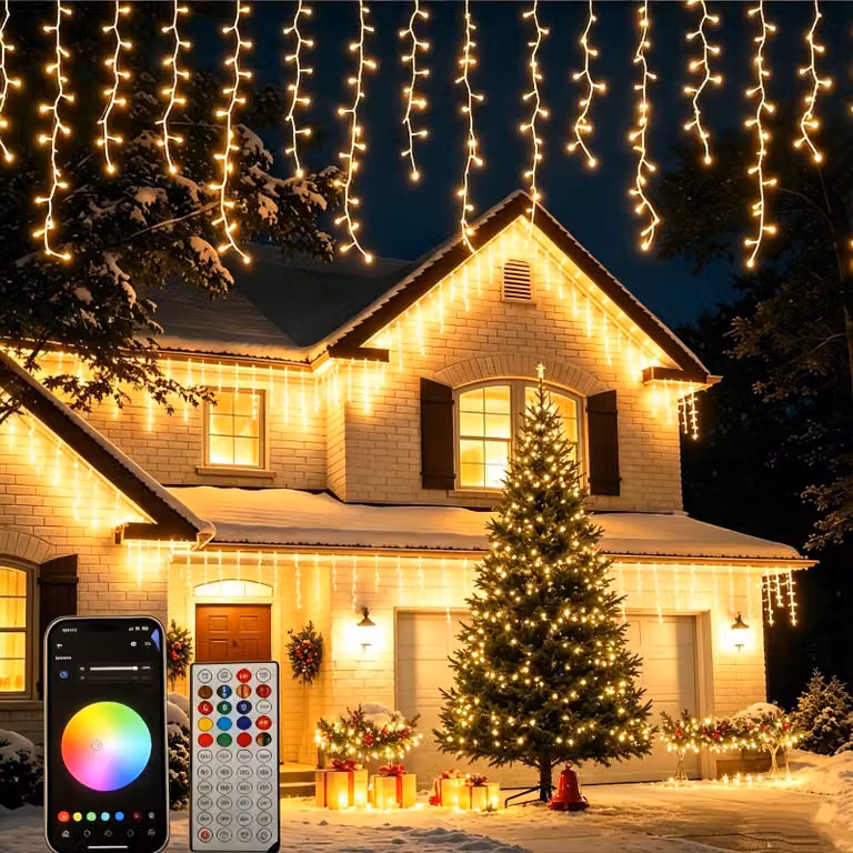 Tenda luminosa effetto pioggia di ghiaccio, 13 metri, 400 LED, 40 modalità, controllo tramite app