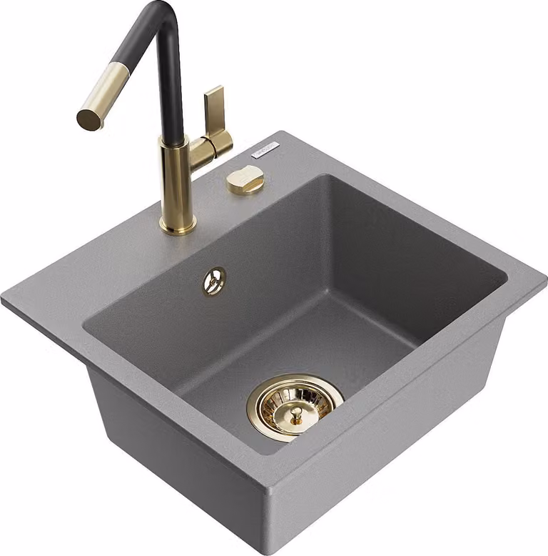 Mexen Milo lavello in granito a 1 vasca con rubinetto da cucina Flora, grigio - 6505-71-670401-57-G