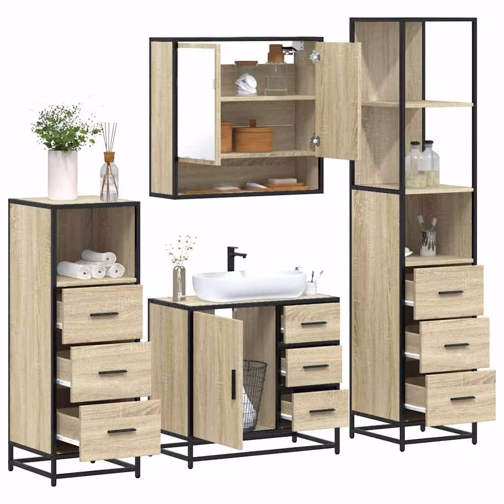 Set di mobili da bagno industrial vidaXL 4 pezzi in legno e metallo marrone con illuminazione LED, composto da armadietto con specchio, mobile lavabo, mobile laterale e colonna alta, H 166,0 x L 65,0 x P 37,5 cm