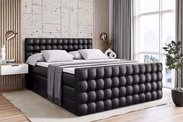 Letto boxspring ALTDECOR con materasso e rete a doghe - VIONE -Z KING - 160x200 cm - Pelle finta nera - Coprimaterasso, pediera, letto imbottito con contenitore, letto con vano portaoggetti H3 e H4 - Materasso, letto matrimoniale, letto boxspring