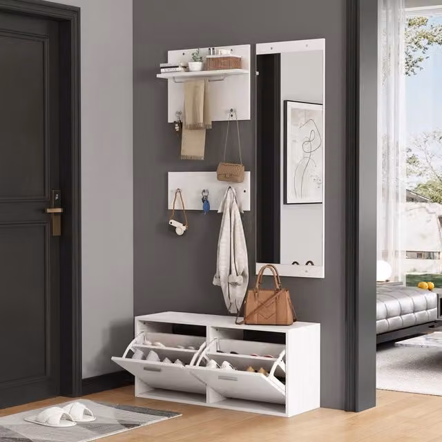Set ingresso WISHDOR 4 pezzi moderno in legno MDF bianco con specchio, scarpiera e 2 appendiabiti da parete