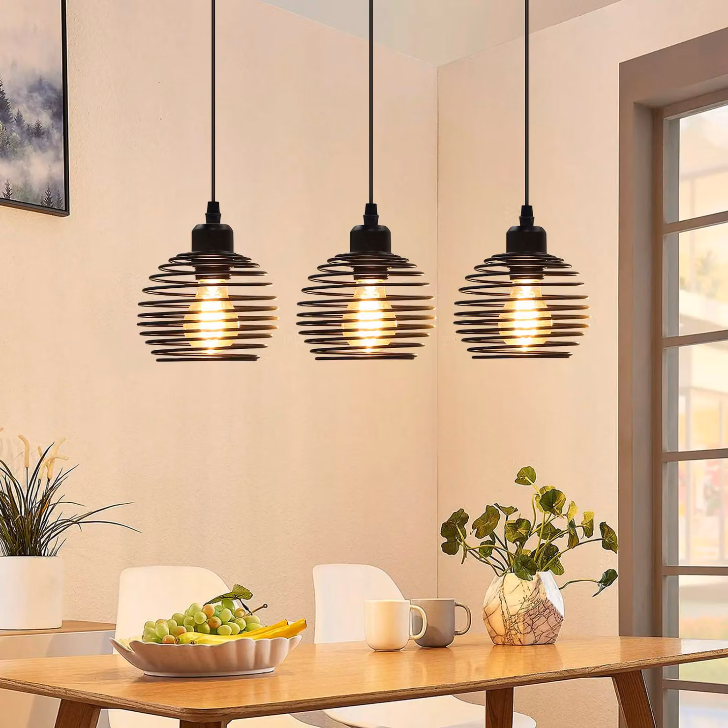 Lampada a sospensione retrò ZMH, lampada da tavolo per sala da pranzo, nera, attacco E27, 3 luci, paralume in metallo retrò, design moderno, lampada a sospensione con altezza regolabile, ideale per interni