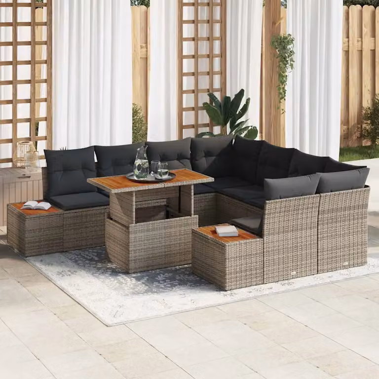 Set da pranzo da giardino moderno vidaXL in legno di acacia e rattan, 9 pezzi, Grigio e Marrone
