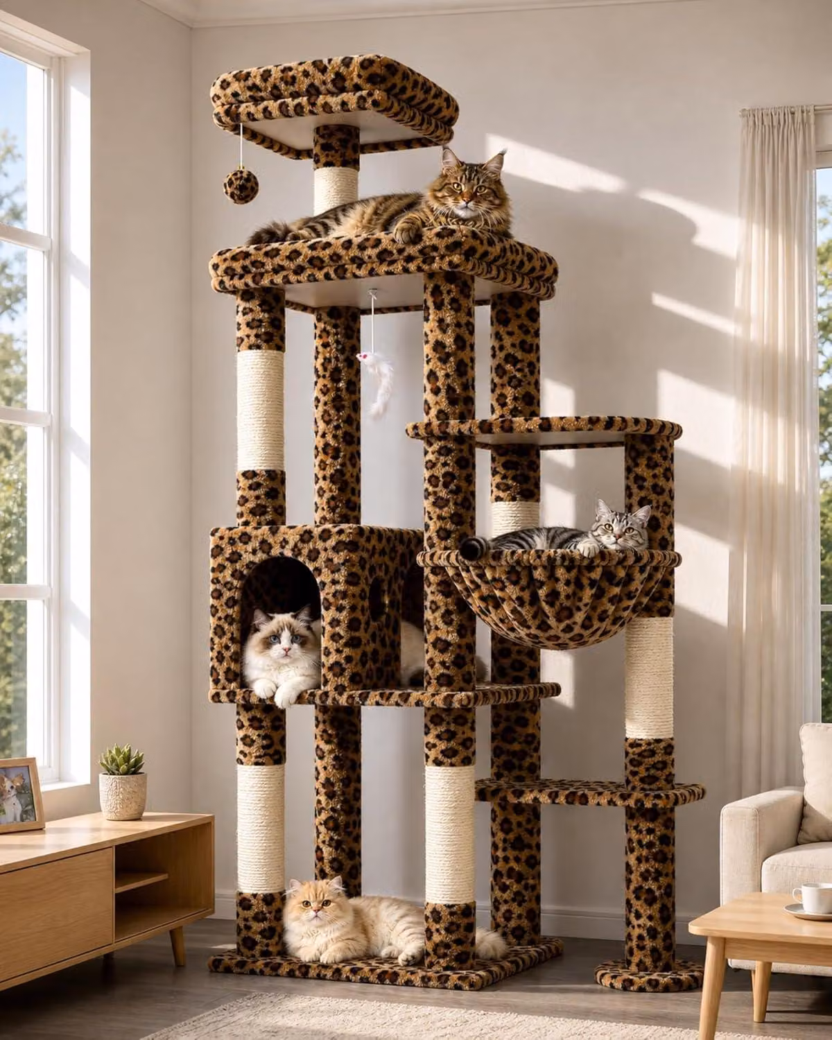 Albero per gatti grande e robusto, altezza 167 cm, motivo leopardo, adatto a 2-3 gatti di taglia grande