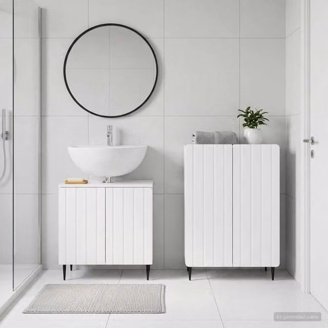 Set di mobili da bagno moderno vidaXL composto da mobile sottolavabo e mobile laterale in legno bianco lucido
