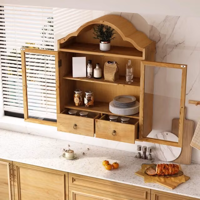 Armadio pensile 60x22x76,5 cm in legno e vetro naturale con cassetti per cucina -