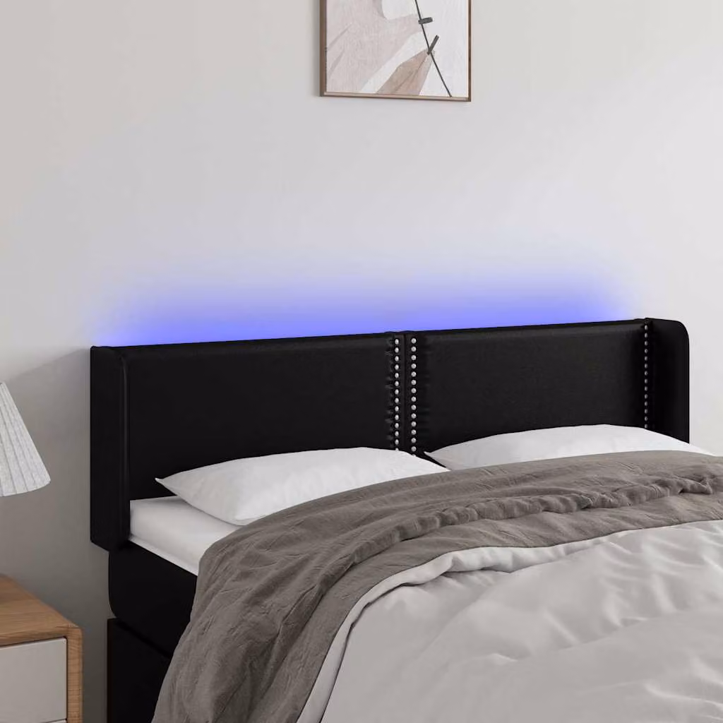 Testiera per letto vidaXL in similpelle nera con illuminazione LED e porta di ricarica USB, L: 147 cm, P: 16 cm, H: 78-88 cm