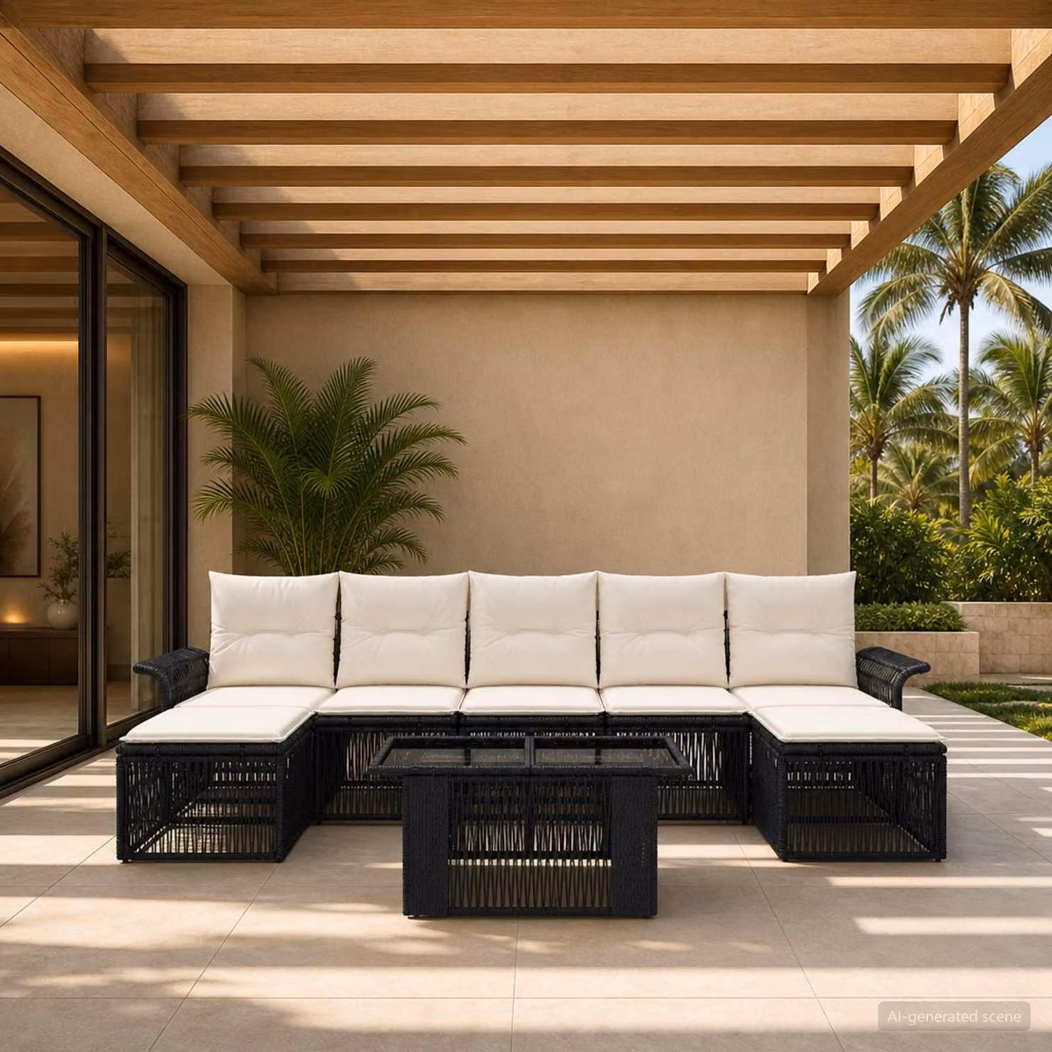 Set Divano da Giardino vidaXL 8 pz in Polyrattan Nero e Bianco Crema con Cuscini e Tavolino