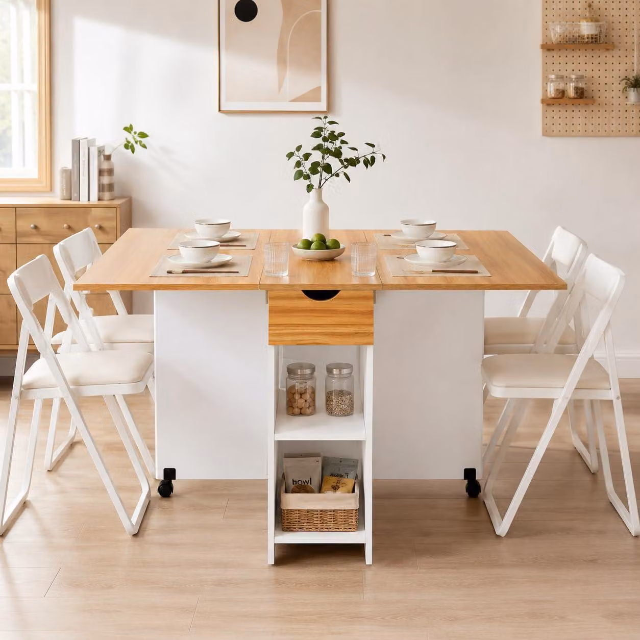 Tavolino pieghevole, dimensioni 120x72x75 cm, bianco e impiallacciato in rovere rosso, per 4-6 persone, con cassetto