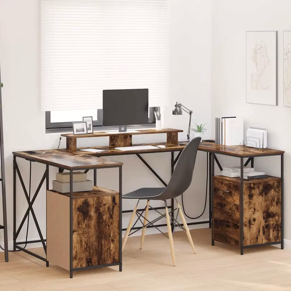 Scrivania da ufficio moderna vidaXL in legno e metallo color rovere fumé, L: 182 cm, P: 101 cm, H: 87,5 cm – 1
