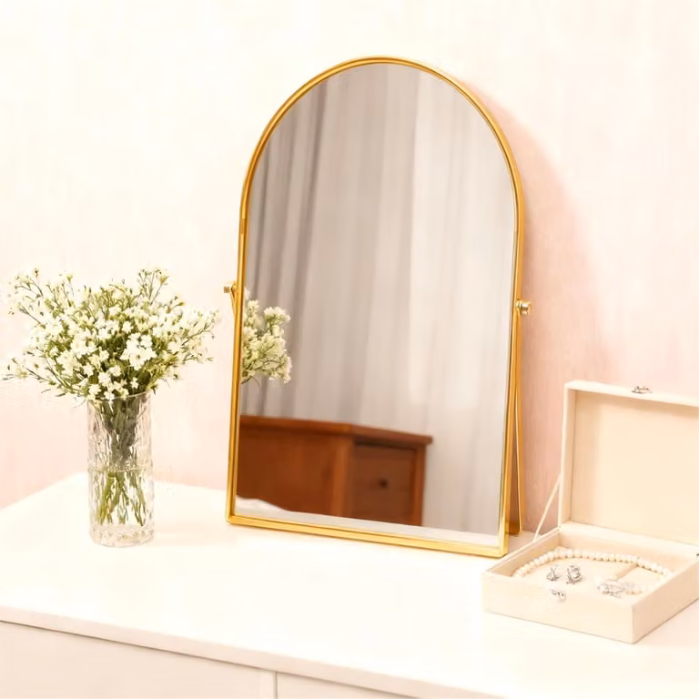 Specchio metallico dorato - Tavolino da trucco - Scrivania - Forma ad arco - Specchio per il trucco - Specchio da bagno - Girevole - Con cornice - Specchio da terra - Inclinazione regolabile di 90 gradi