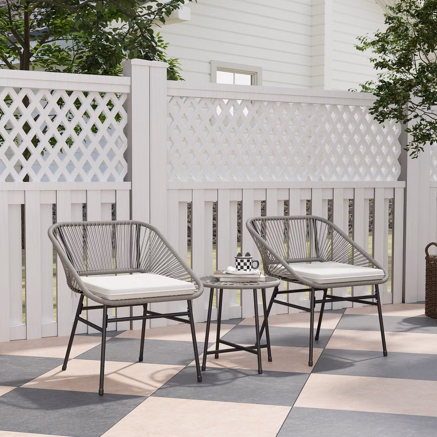 Set di mobili da balcone in 3 pezzi, con sedie in rattan e tavolo in vetro, resistente alle intemperie, cuscini imbottiti, set di mobili da giardino, per terrazza, giardino, grigio