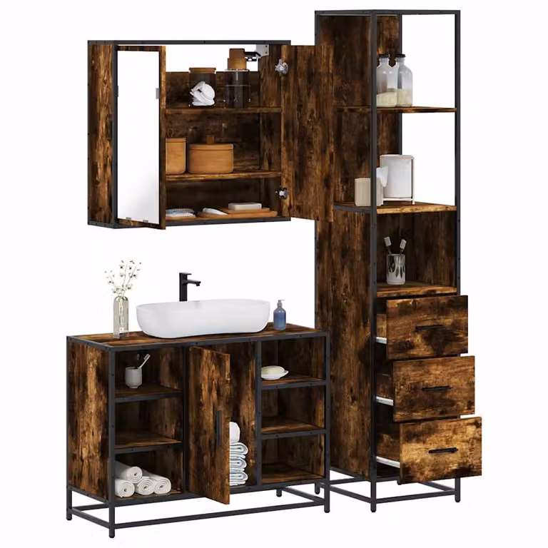 Set di mobili da bagno industrial vidaXL in legno e metallo marrone composto da mobile lavabo, armadietto alto e pensile con specchio L/P/H: 80 x 60 x 33 cm