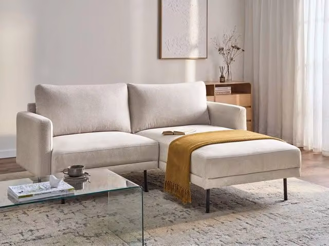 Divano angolare sinistro BELIANI beige in tessuto con schienale imbottito e gambe in metallo, design moderno e minimalista, L/P/H: 192 x 155 x 85 cm – 1