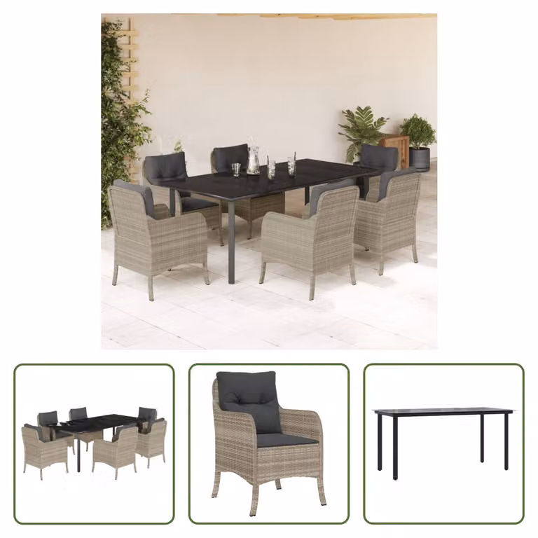 The Living Store Set da pranzo da giardino 7 pezzi con cuscini in poly rattan grigio chiaro