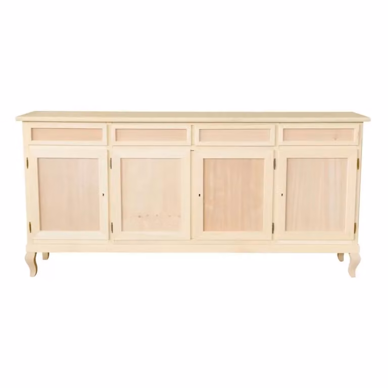 Credenza Mobili 2G in legno di pino grezzo con 4 porte e 4 cassetti, L: 205 cm, P: 45 cm, H: 98 cm