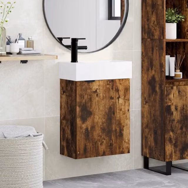 Mobile bagno moderno vidaXL in legno Rovere con rubinetto, sospeso, L: 45,5 cm, P: 22,5 cm, H: 84 cm