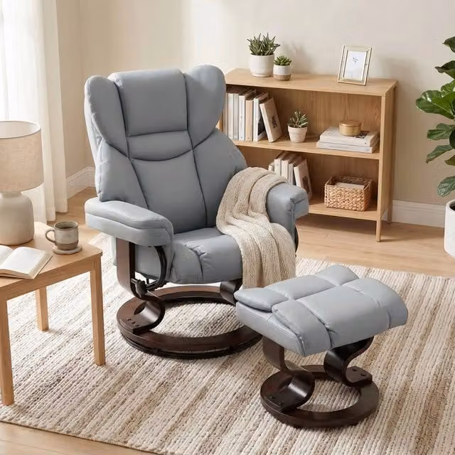 Poltrona relax girevole WISHDOR con poggiapiedi integrato, rivestimento in ecopelle grigio, struttura in metallo e legno, design moderno per il tuo soggiorno – 1