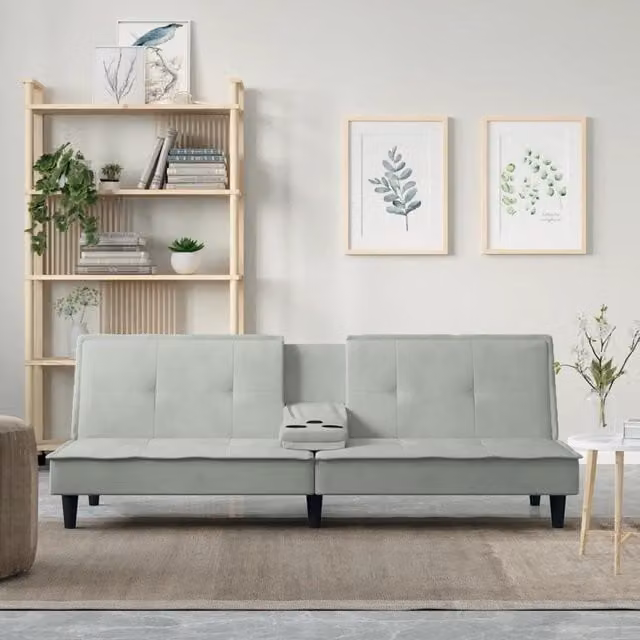Divano Letto con Portabicchieri-Sofa Letto-Daybed in Velluto Grigio Chiaro
