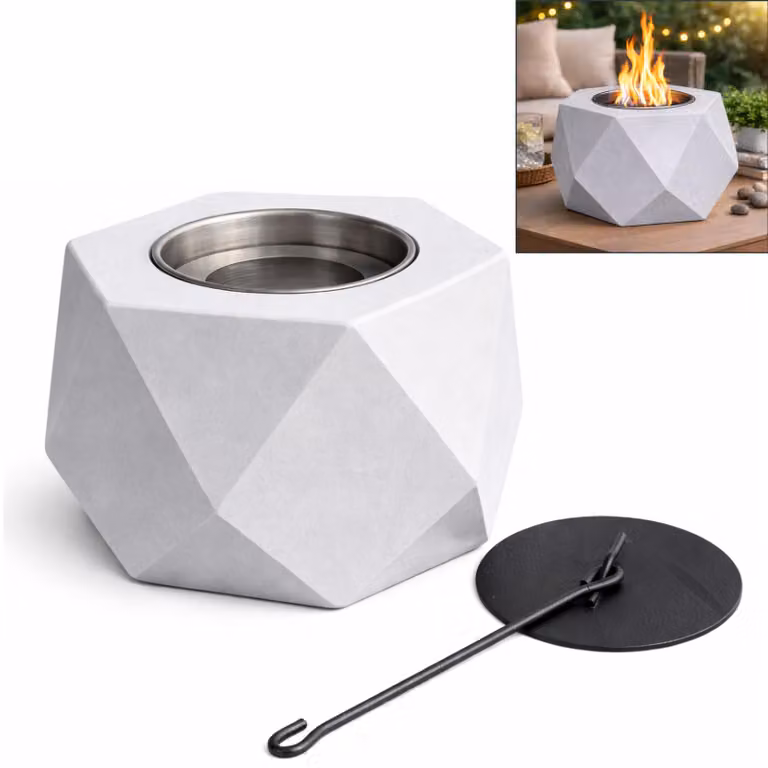 Camino da tavolo a bioetanolo Colibri – Effetto cemento – 16,5 × 16,5 × 10 cm – Fiamma suggestiva per tavolo, terrazza o balcone