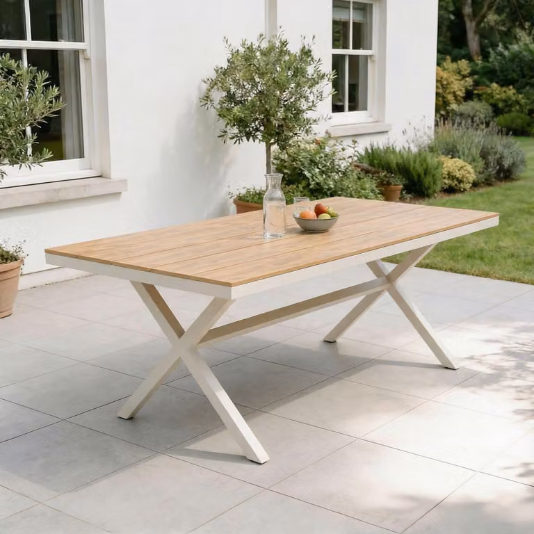 Tavolo da giardino ISOLA 180 x 100 cm, bianco/naturale – tavolo da esterno stabile con piano in WPC effetto legno, struttura in alluminio verniciato a polvere, resistente alle intemperie per giardino e terrazza