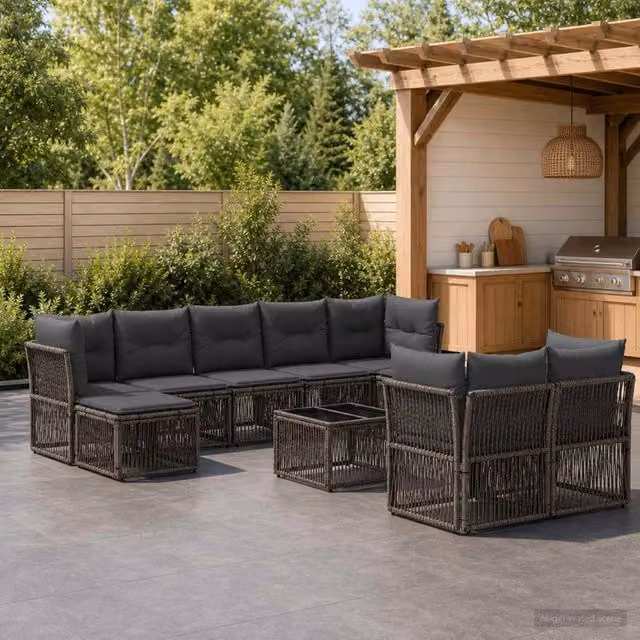 Set Divano da Giardino 10 Pezzi vidaXL Grigio con Poltrona, Tavolino e Pouf in Polyrattan e Metallo – 1