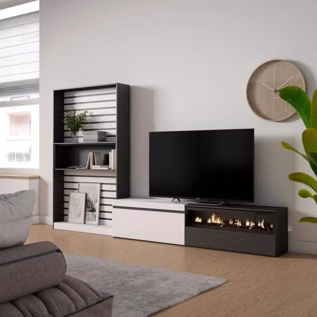 Mobile TV per soggiorno Skraut Home con camino elettrico, Bianco e nero, L: 310 cm, P: 35 cm, H: 186 cm