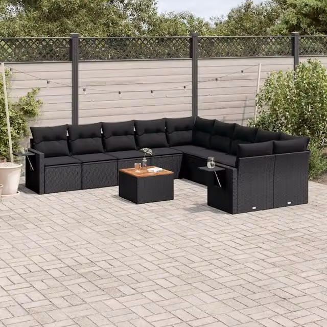 Set di Divani da Giardino vidaXL in Polyrattan Nero con Cuscini e Tavolino, Composizione a U da 11 Pezzi – 1