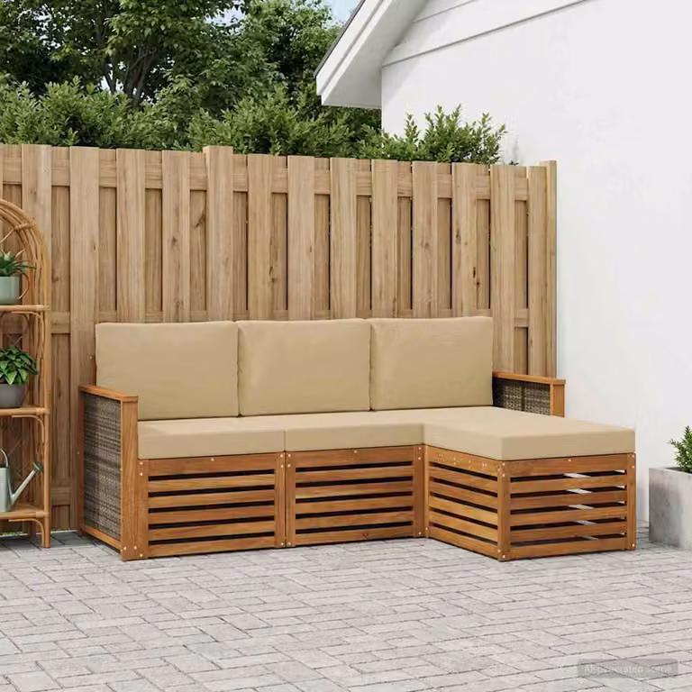 Set di divani da esterno vidaXL a forma di L in legno di acacia con pouf e cuscini, colore beige e marrone