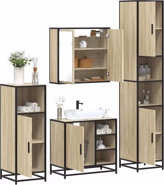 Set di mobili da bagno industrial vidaXL in legno e metallo beige composto da armadietto specchio, mobile lavabo, mobile laterale e colonna alta – 1