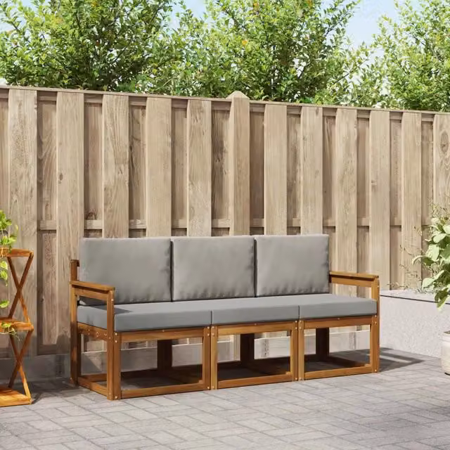 Set di divani da esterno 3 pezzi vidaXL in legno di acacia con cuscini grigi per giardino e terrazza