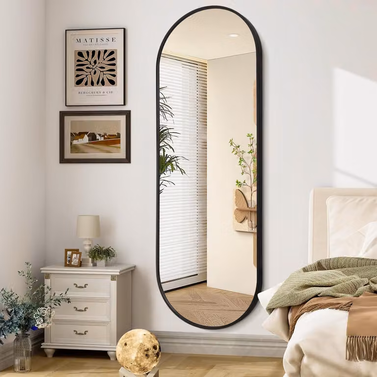 Specchio da parete ovale, 120 x 45 cm, cornice in metallo nero opaco, ideale per la camera da letto o il tavolino da trucco