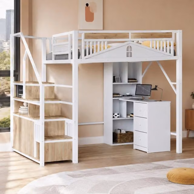 Letto a soppalco MIVRAY moderno in metallo e legno bianco con scale, contenitori e finestra, L/P/H: 200 x 140 x 170 cm