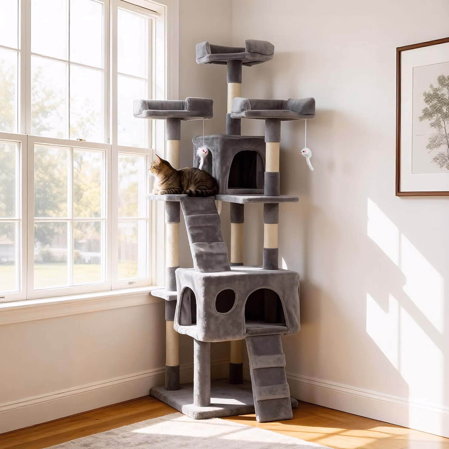 Albero Tiragraffi per Gatti PawHut Grigio con 2 Tane, 3 Lettini, 2 Rampe e Pali in Sisal, Altezza: 153 cm – 2