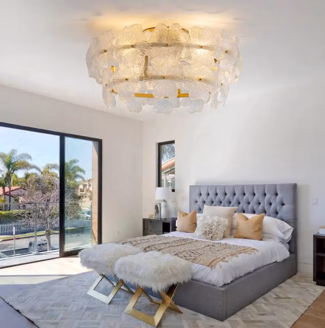 Ventilatore da soffitto a incasso con luce e controllo Bluetooth, finitura oro e vetro, diametro 55 cm