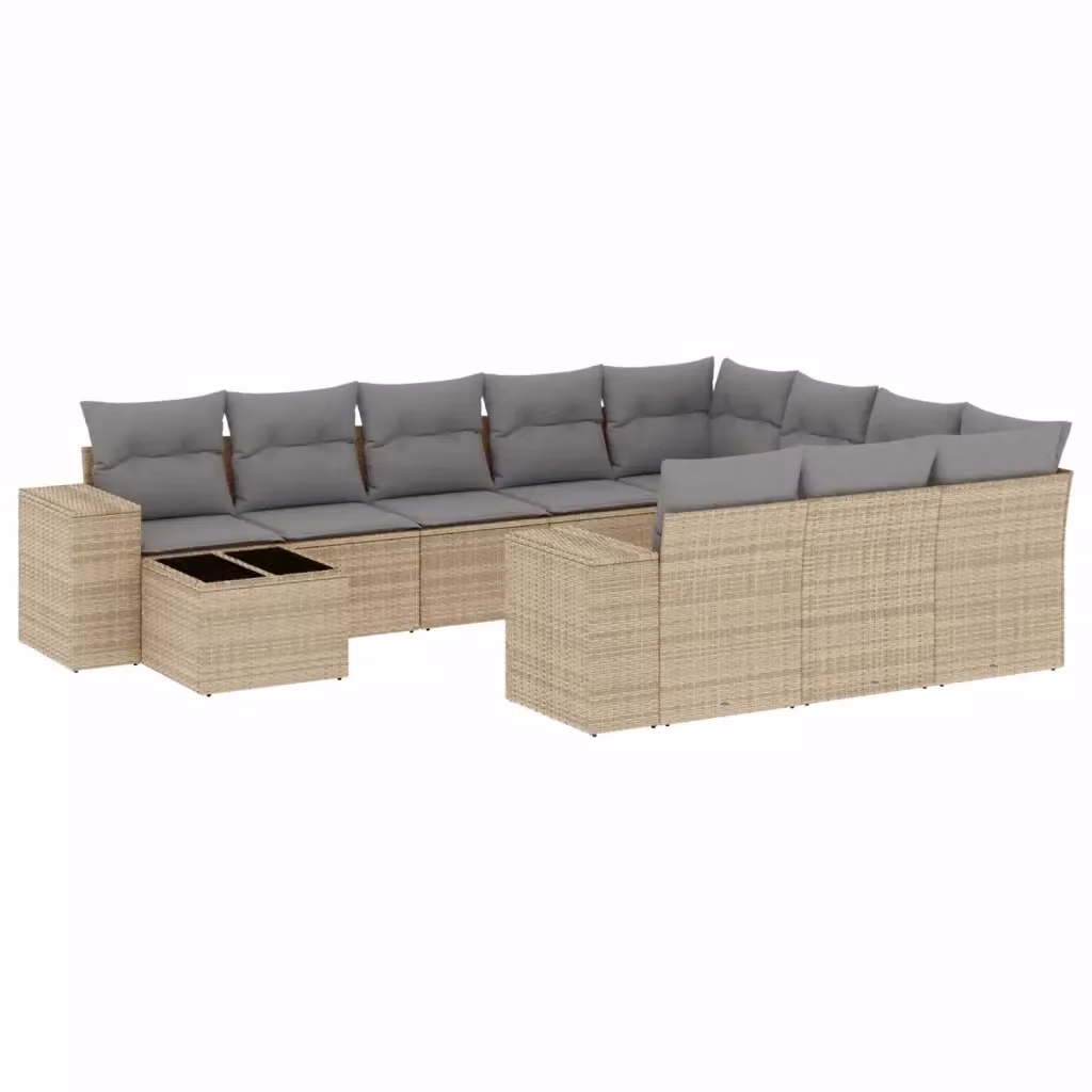 Set da giardino moderno vidaXL composto da 11 pezzi con poltrona lounge, elemento angolare, tavolino da caffè e cuscini beige e grigi in rattan e metallo – 2