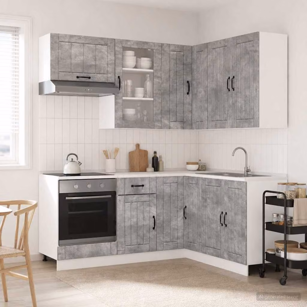vidaXL Unità Cucina LUCCA 8 Pezzi Grigio Cemento in MDF con Ante in Vetro e Design Minimalista