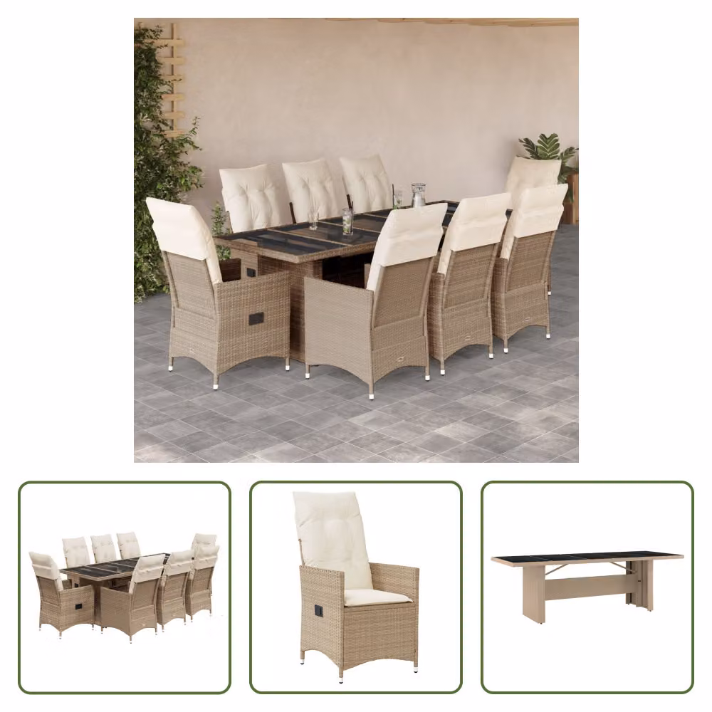 The Living Store Set bistrot da giardino 9 pezzi con cuscini Beige in poly rattan