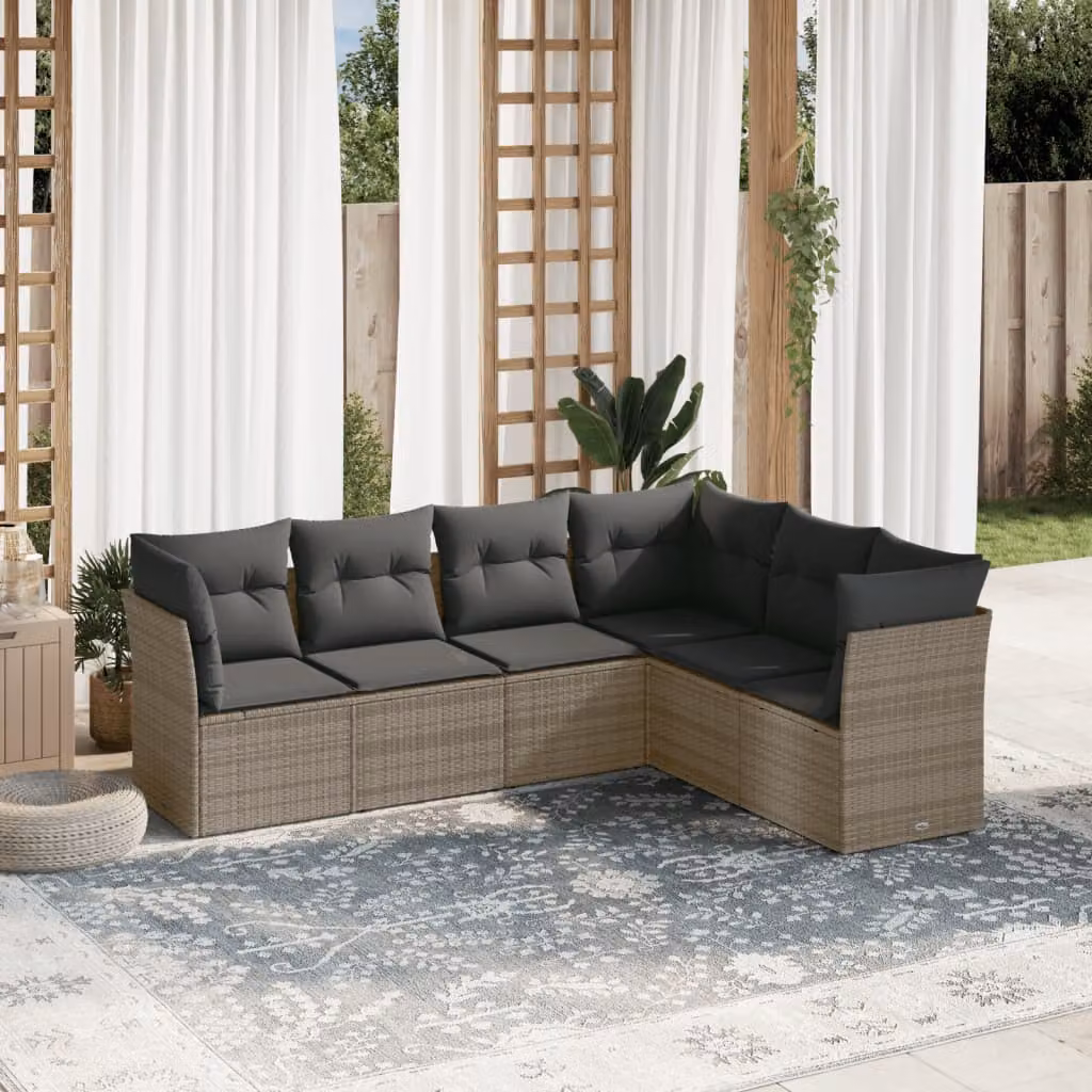 vidaXL Set Divano da Giardino 6 pz a Forma a L in Polyrattan Grigio con Cuscini Imbottiti e Coperture Rimosse – 1