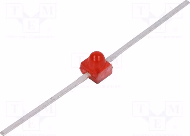 1 LED a montaggio su circuito stampato HLMP-6300, di colore rosso, con intensità luminosa da 1 a 10 mcd, angolo di emissione di 90°, e terminali da 1,65 mm
