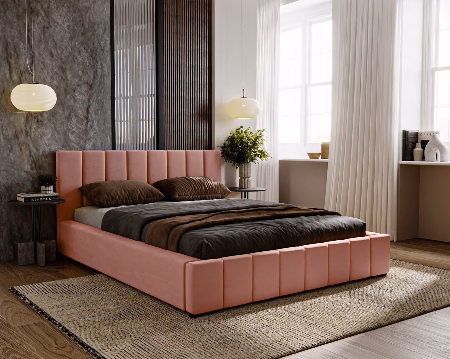 Letto imbottito Nero con materasso a molle insacchettate Salsa incluso, 180x200 cm, letto matrimoniale con contenitore e rete a doghe in legno, tessuto in velluto: rosa