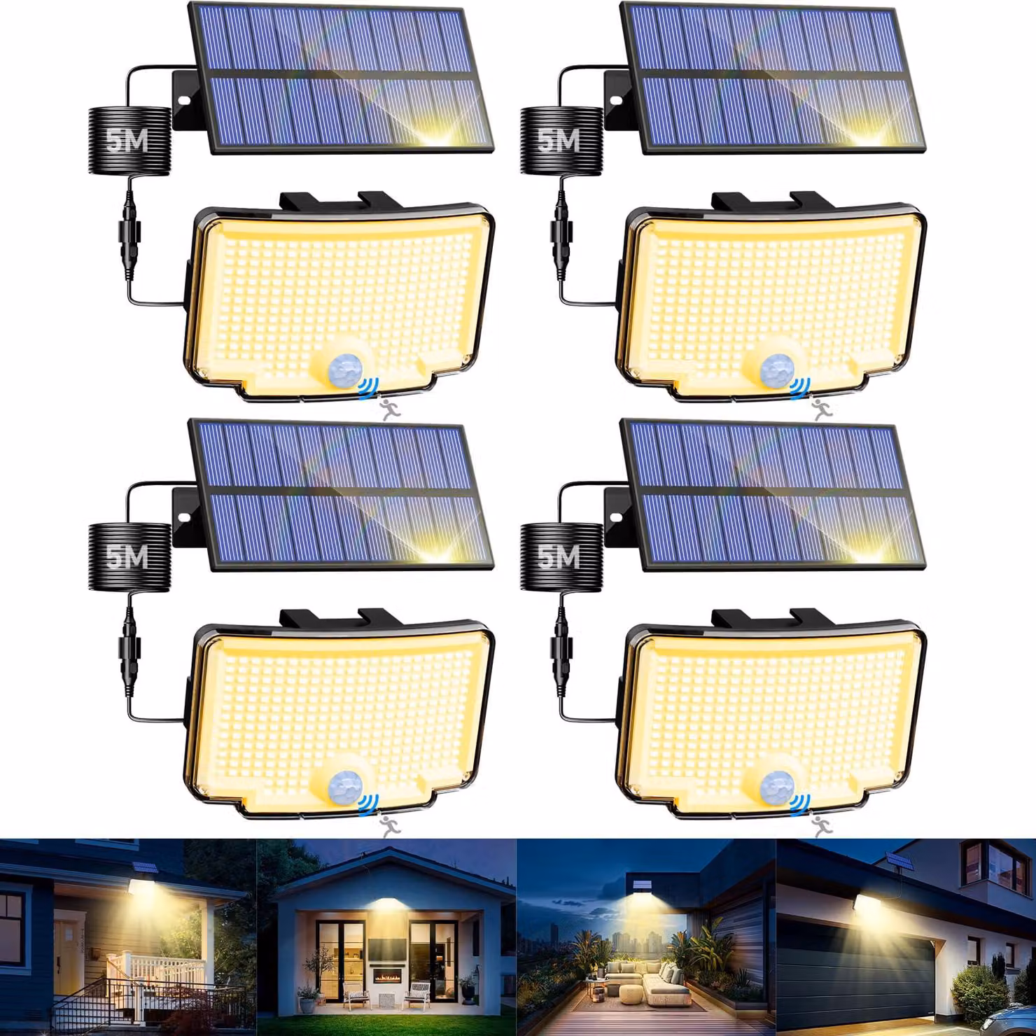 Lampade solari da esterno, set da 4, 318 LED, luce bianco caldo, grado di protezione IP65, con sensore di movimento