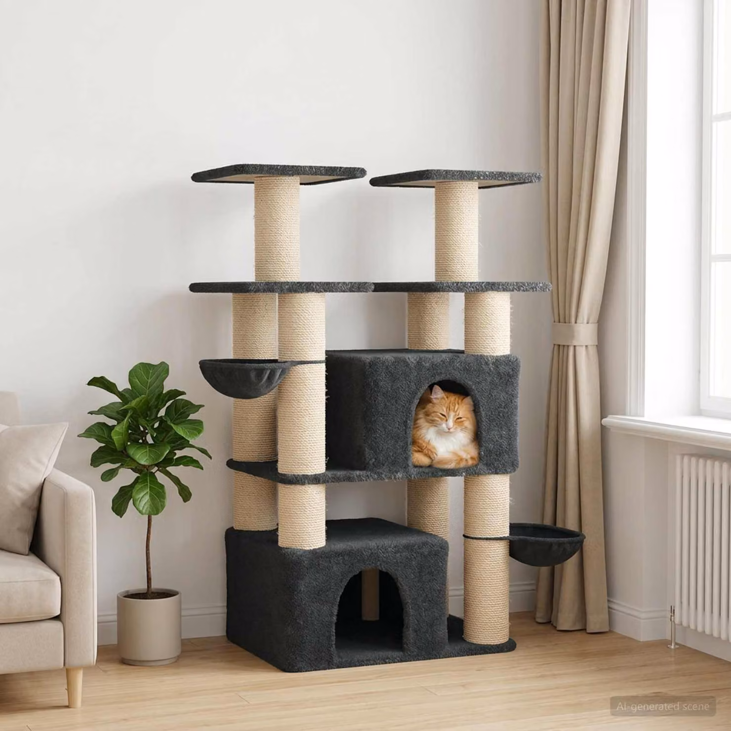 Albero per gatti vidaXL con pali in sisal, grotta e giocattoli integrati, Grigio Scuro