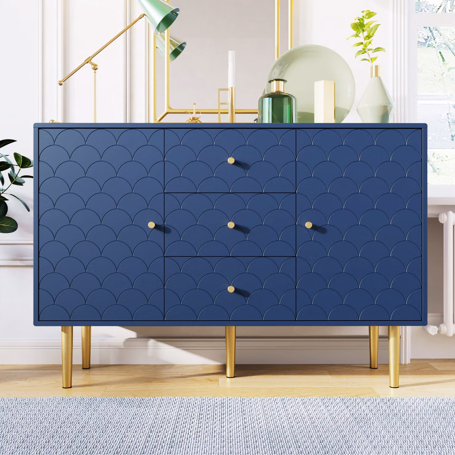Cassettiera Merax con motivo a squame di pesce, ripiano regolabile, blu navy