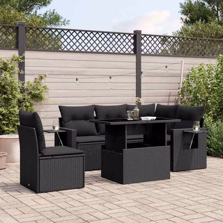 Set Divano da Giardino vidaXL a Forma di L in Polyrattan Nero con 6 Pezzi e Cuscini Inclusi