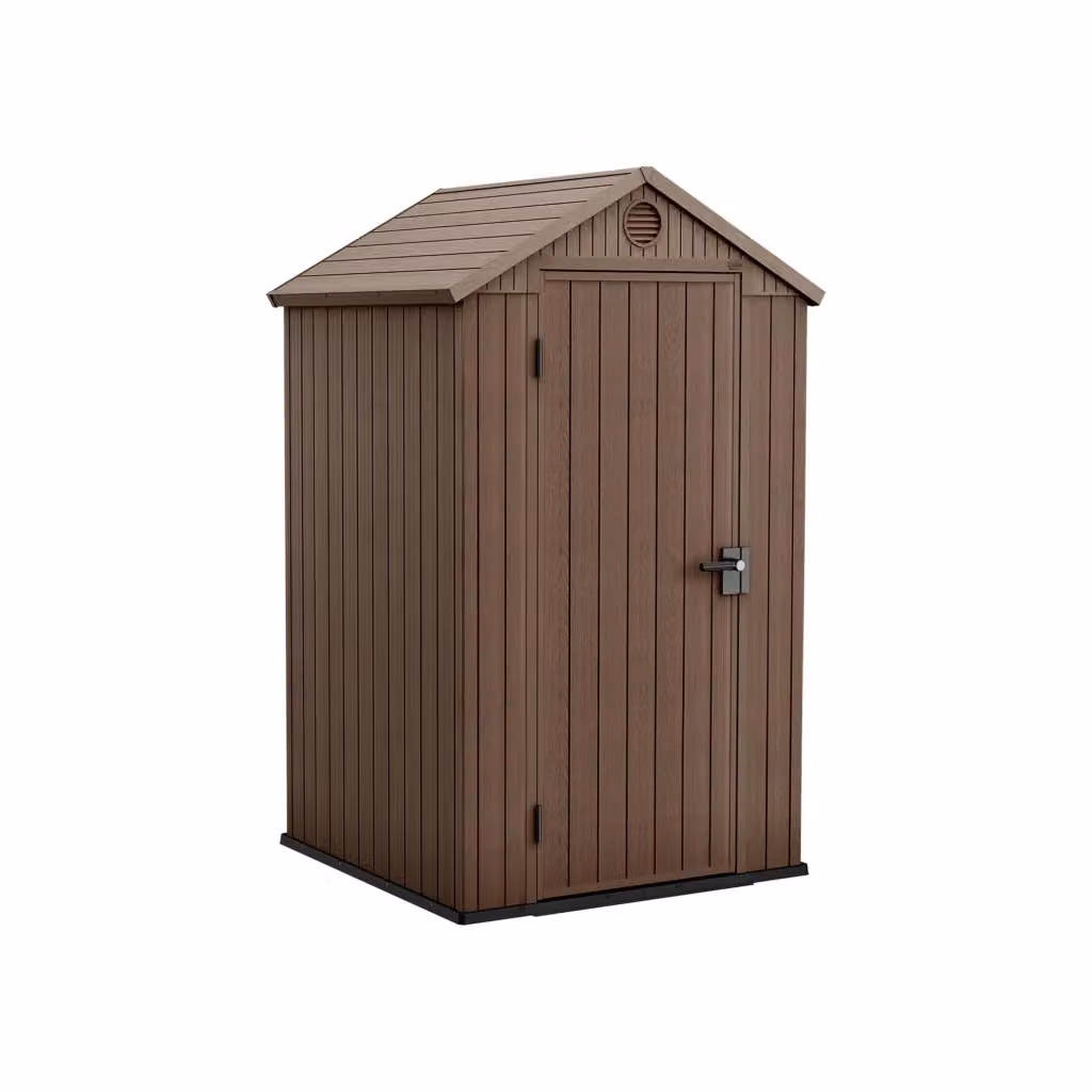 Casetta da giardino Osoyoos DMORA, capanno da esterno e ripostiglio per attrezzi in plastica marrone, L: 124 cm, P: 117 cm, H: 205 cm – 2
